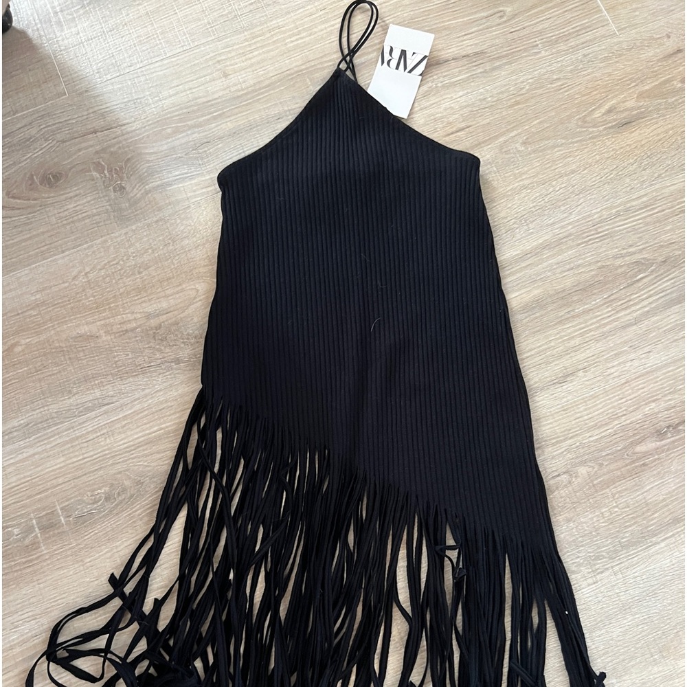 ZARA ribbed halter sweater with long fringe size S NWT